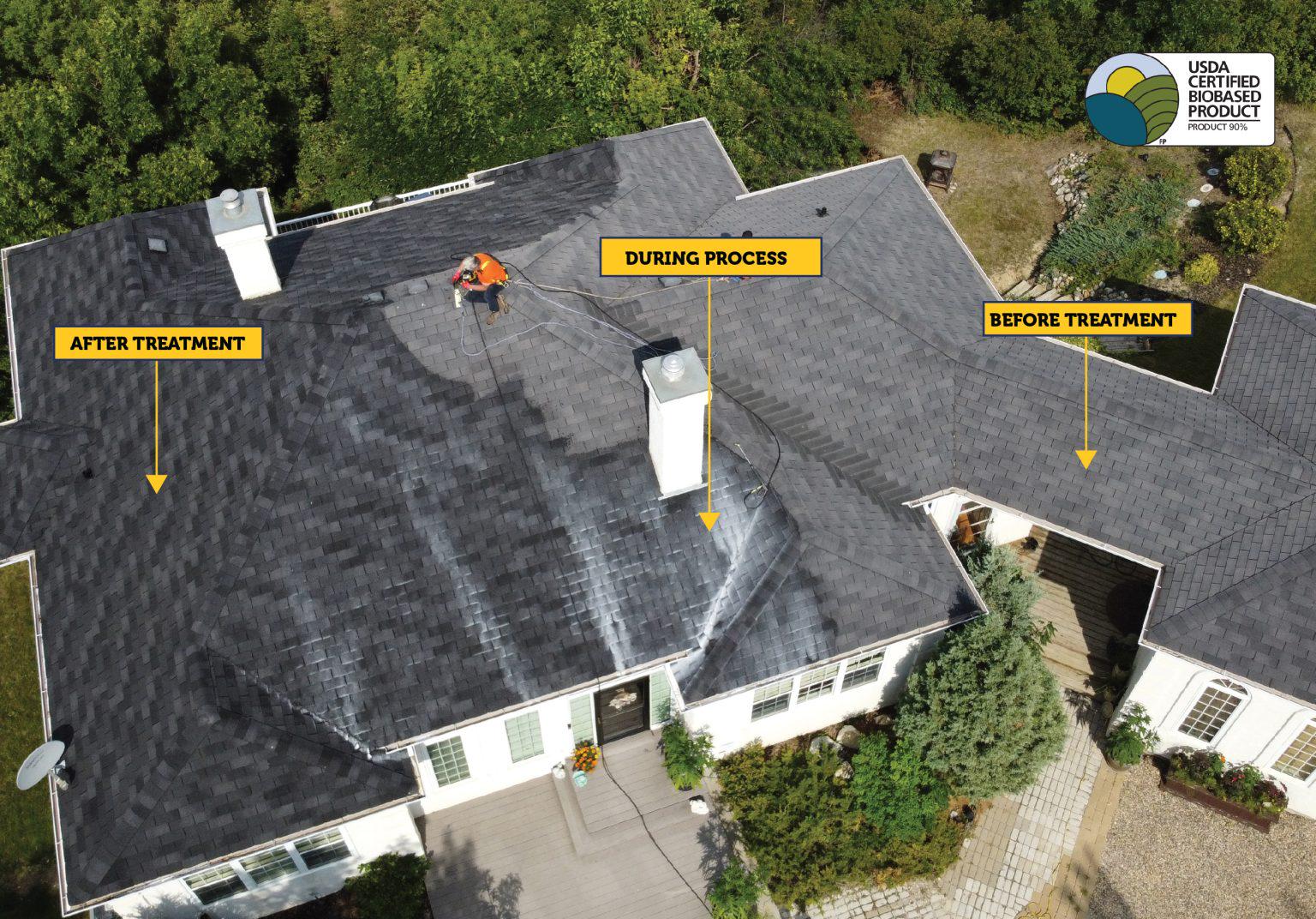 Aerial view of a roof showing before, during, and after Roof Protect treatment
